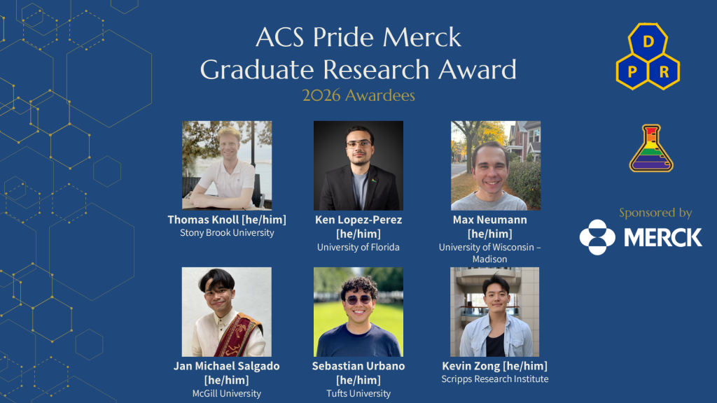 Headshots of the six 2026 ACS Pride Merck Graduate Award recipients